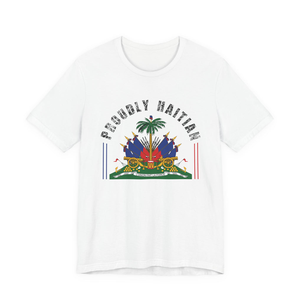 Proudly Haitian Haiti Coat of Arms Patriotic Unisex Jersey Short Sleeve Tee
