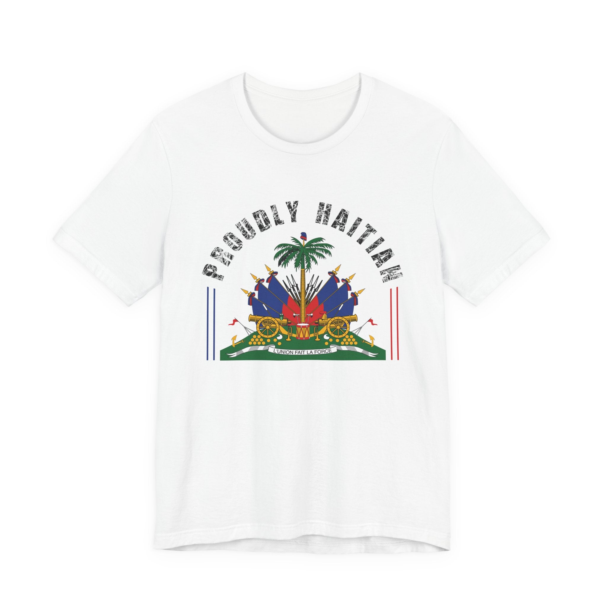 Proudly Haitian Haiti Coat of Arms Patriotic Unisex Jersey Short Sleeve Tee