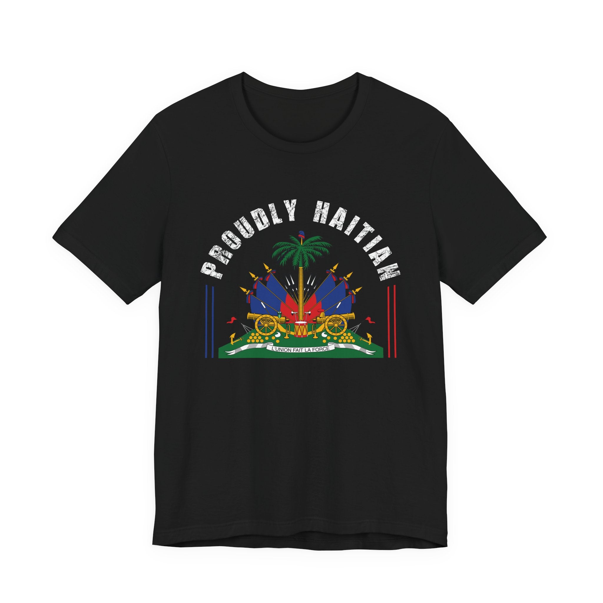 Proudly Haitian Haiti Coat of Arms Patriotic Unisex Jersey Short Sleeve Tee