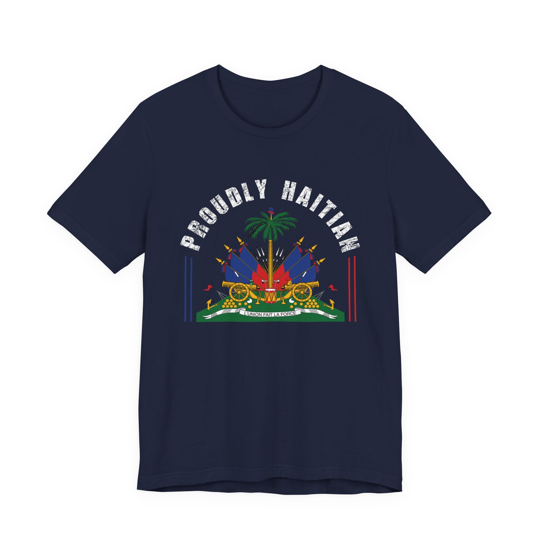 Proudly Haitian Haiti Coat of Arms Patriotic Unisex Jersey Short Sleeve Tee